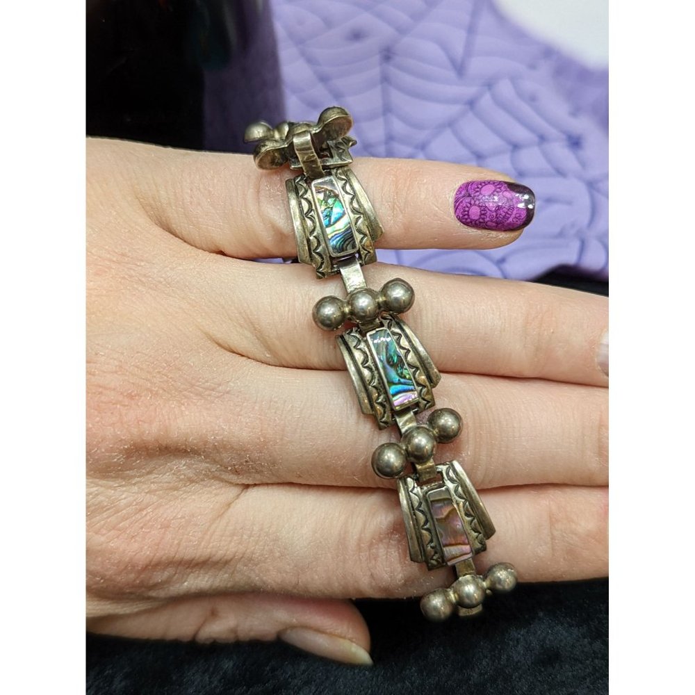 Vintage Taxco, Link Style Bracelet with Abalone and Silver, Unique design - Picture 4 of 8